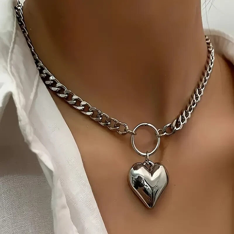 Chunky Silver Heart Pendant Necklace