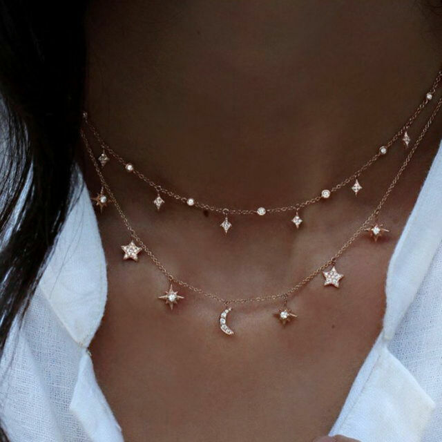 Gold Star and Moon Layered Choker Necklace